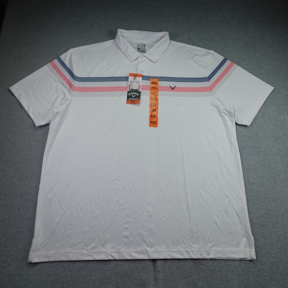Callaway Polo Shirt Mens XXL White Striped Opti-Dri Golf Short Sleeve